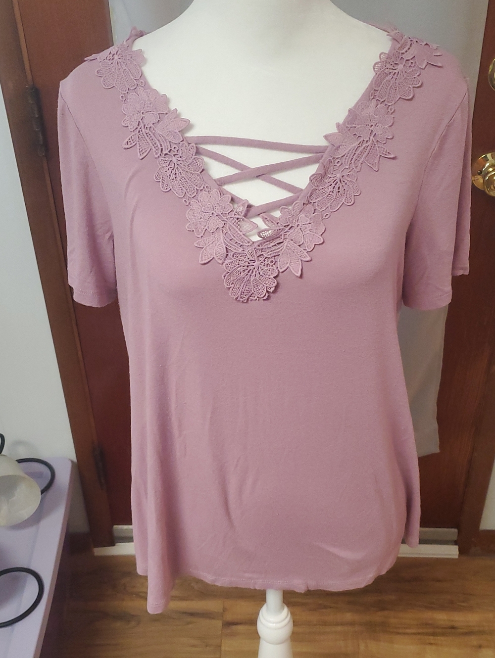 Cloud Chaser Lace-Trim Crisscross V-Neck Women's Top - Dusty Rose